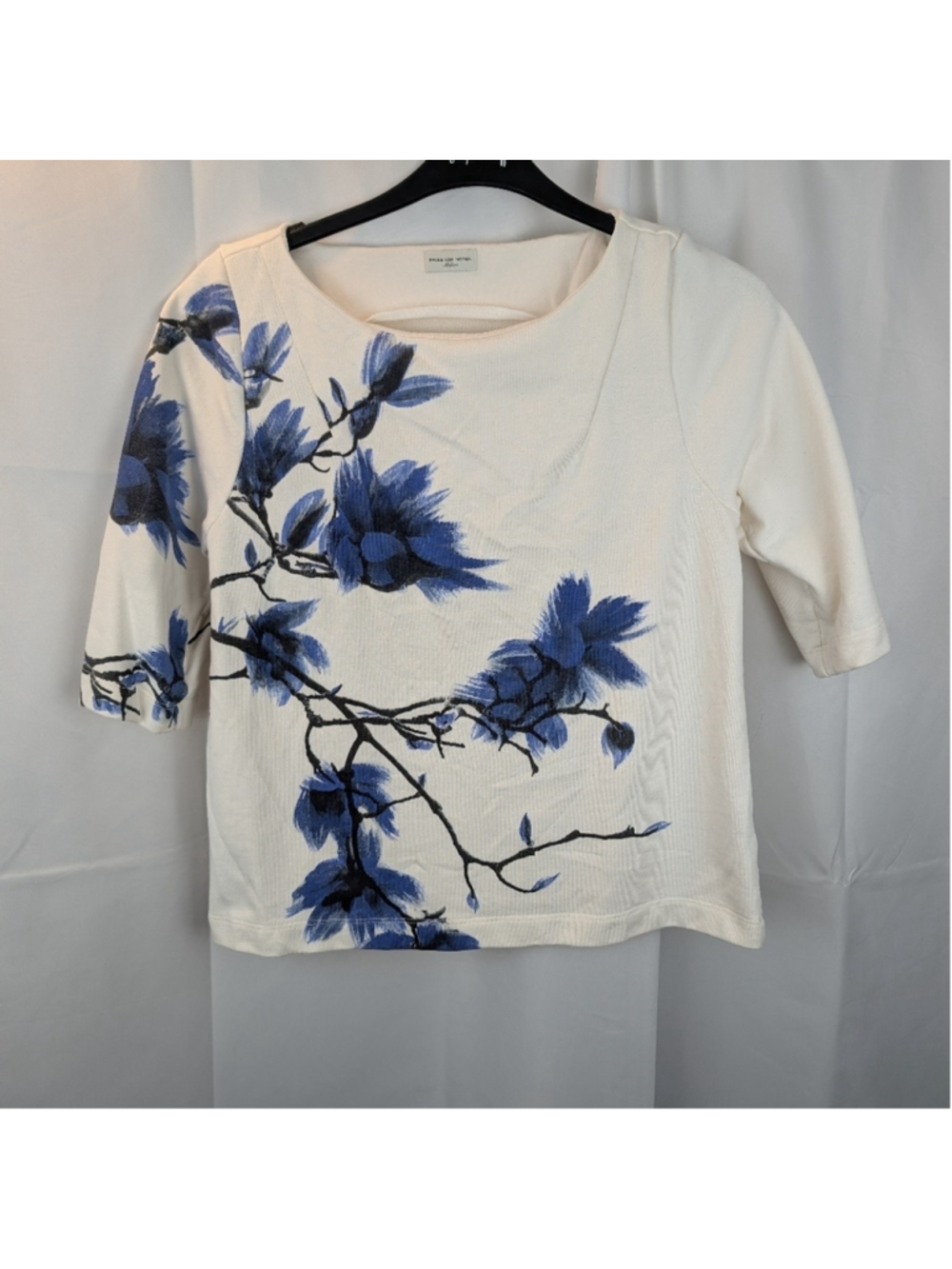 Dries Van Note Cotton Cream and Blue Floral Top Size M In VGUC